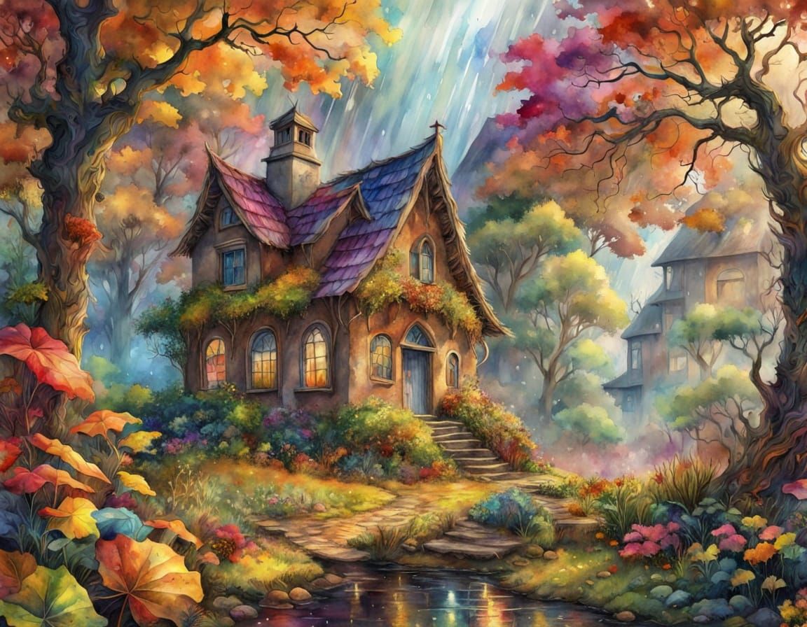 Whimsical Autumn Garden Scene in Vibrant Watercolor Style