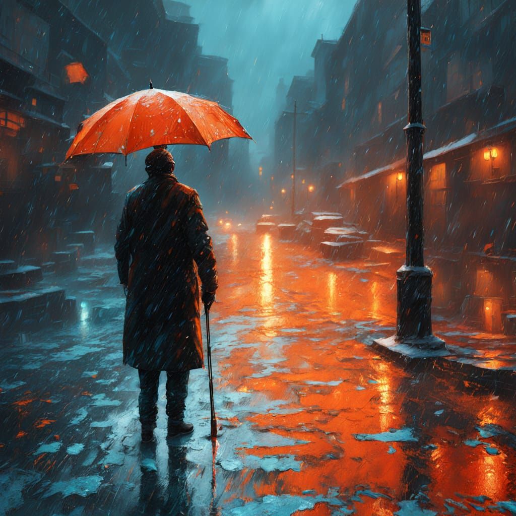 Solitary Figure in Rainy Night Scene, Expressionist Impasto