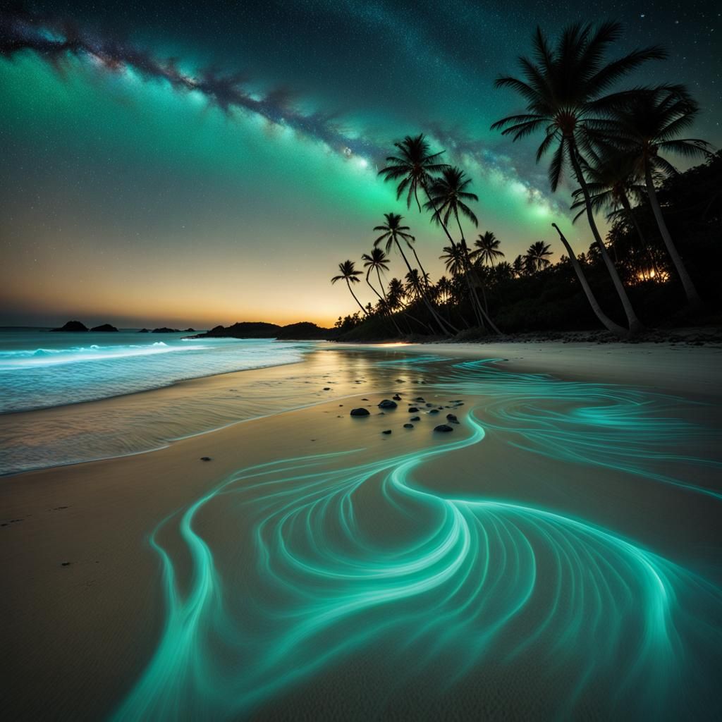 Bioluminescence waves breaking on a palm tree lined beach. #3