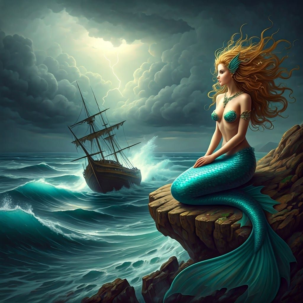 Regal Mermaid Amidst Stormy Seascape in a Haunting, Atmosphe...