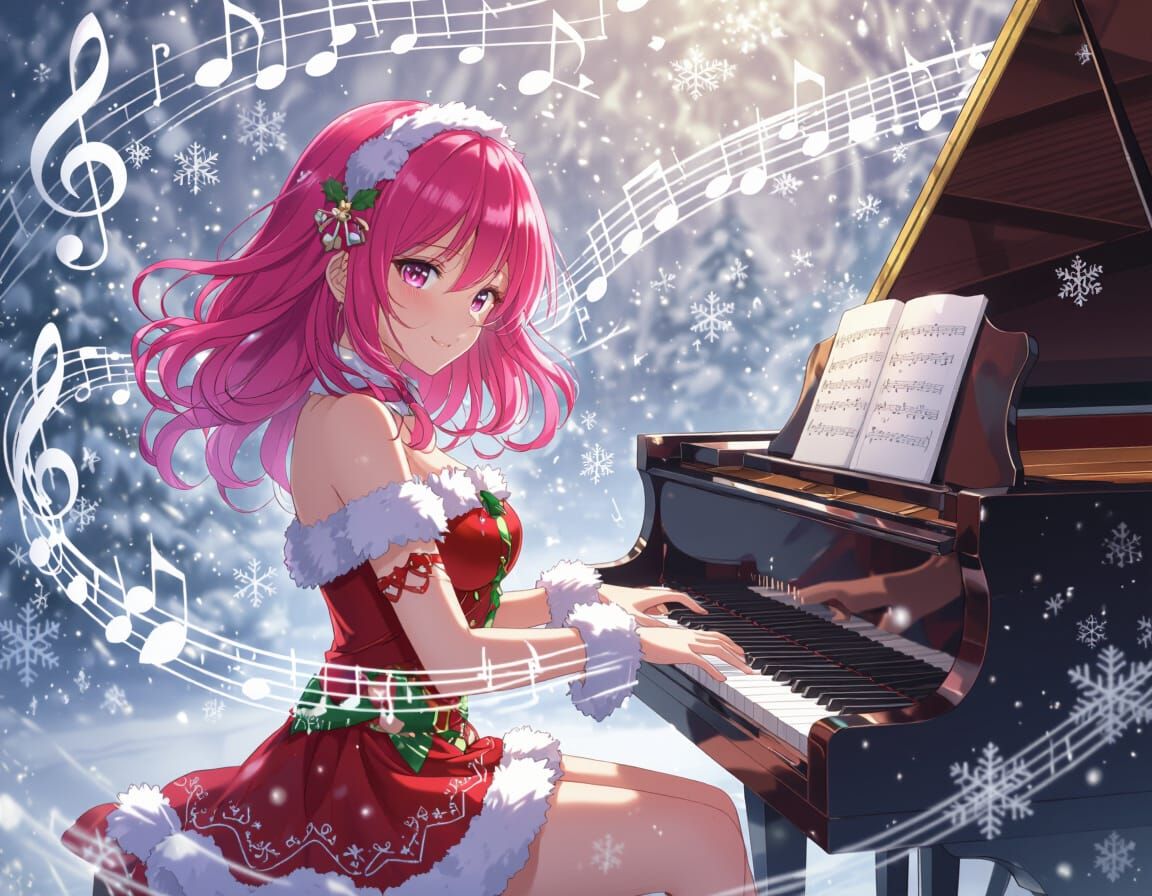 Pink-Haired Pianist in Surreal Anime Christmas Dreamscape