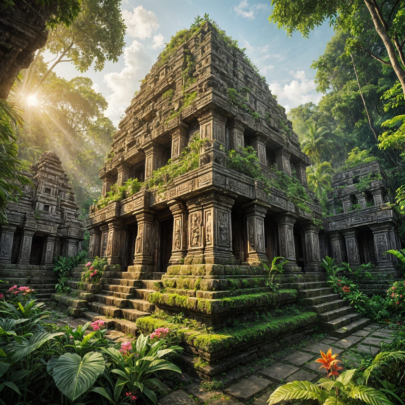 Hyperrealistic Ancient Temples in Lush Jungle