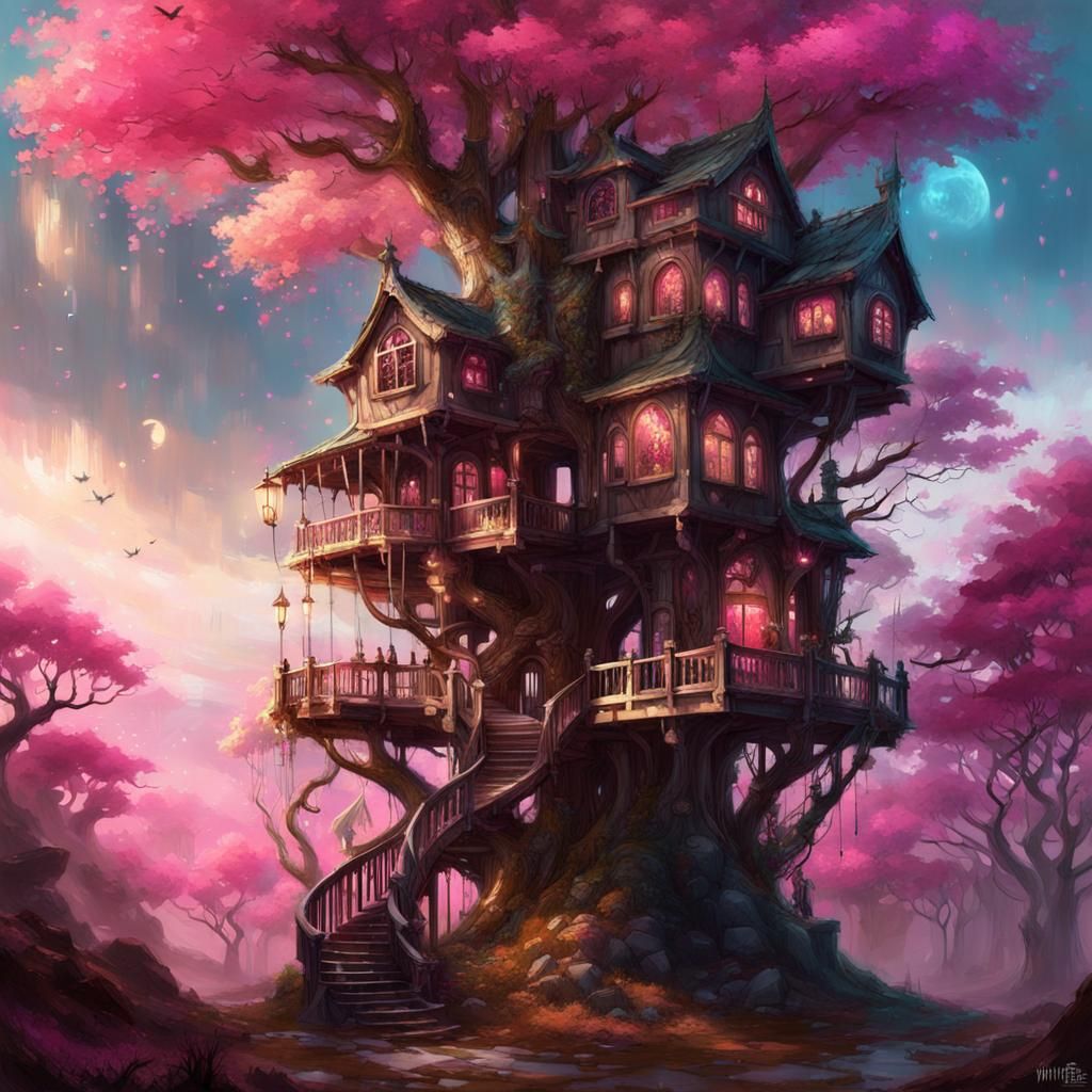 Elvish Treehouse with Winding Stairs in Ethereal Style