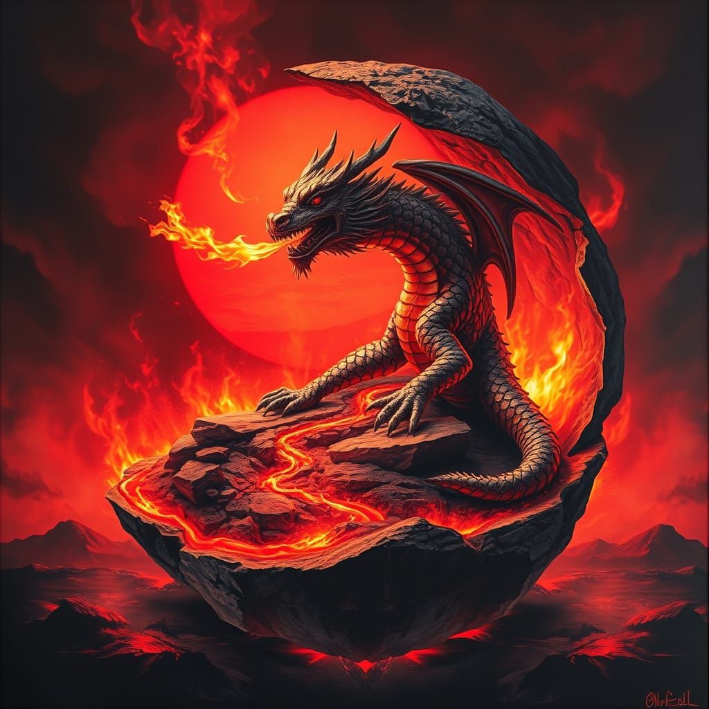 Fiery Dragon Sculpture in Meteorite, Spray Paint Art