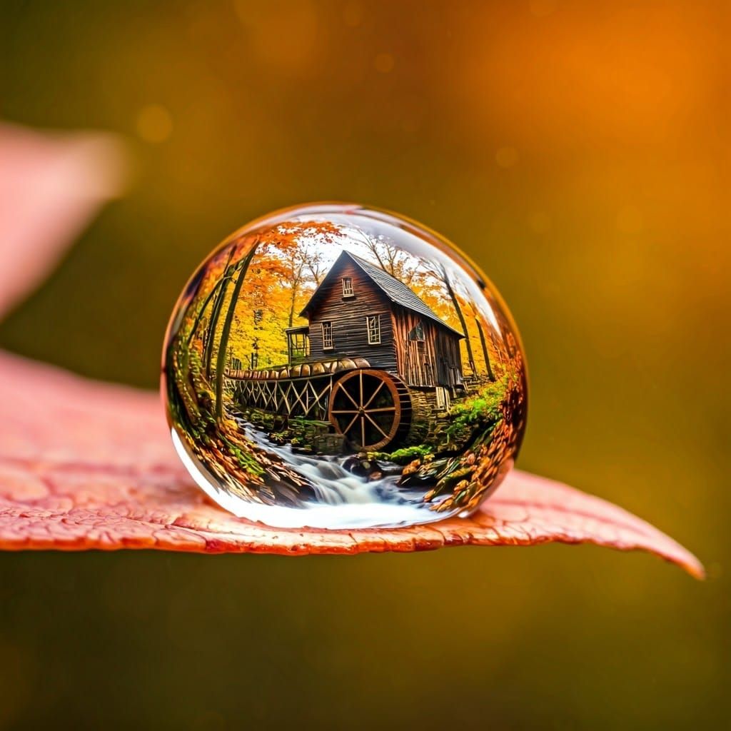 Whimsical Pointillist Scene in a Dewdrop, Autumn Forest Hues