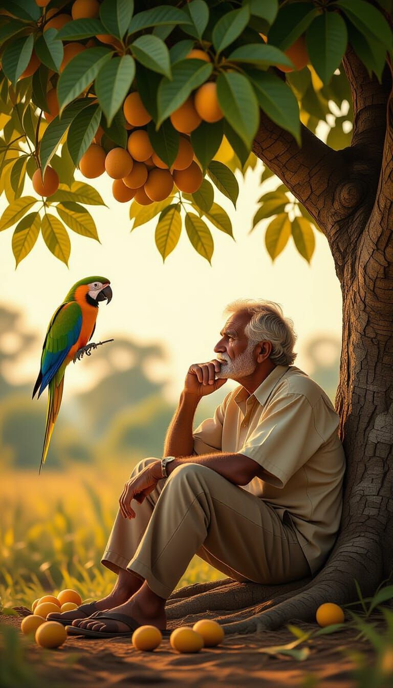 Farmer Contemplates Under Mango Tree with Parrot