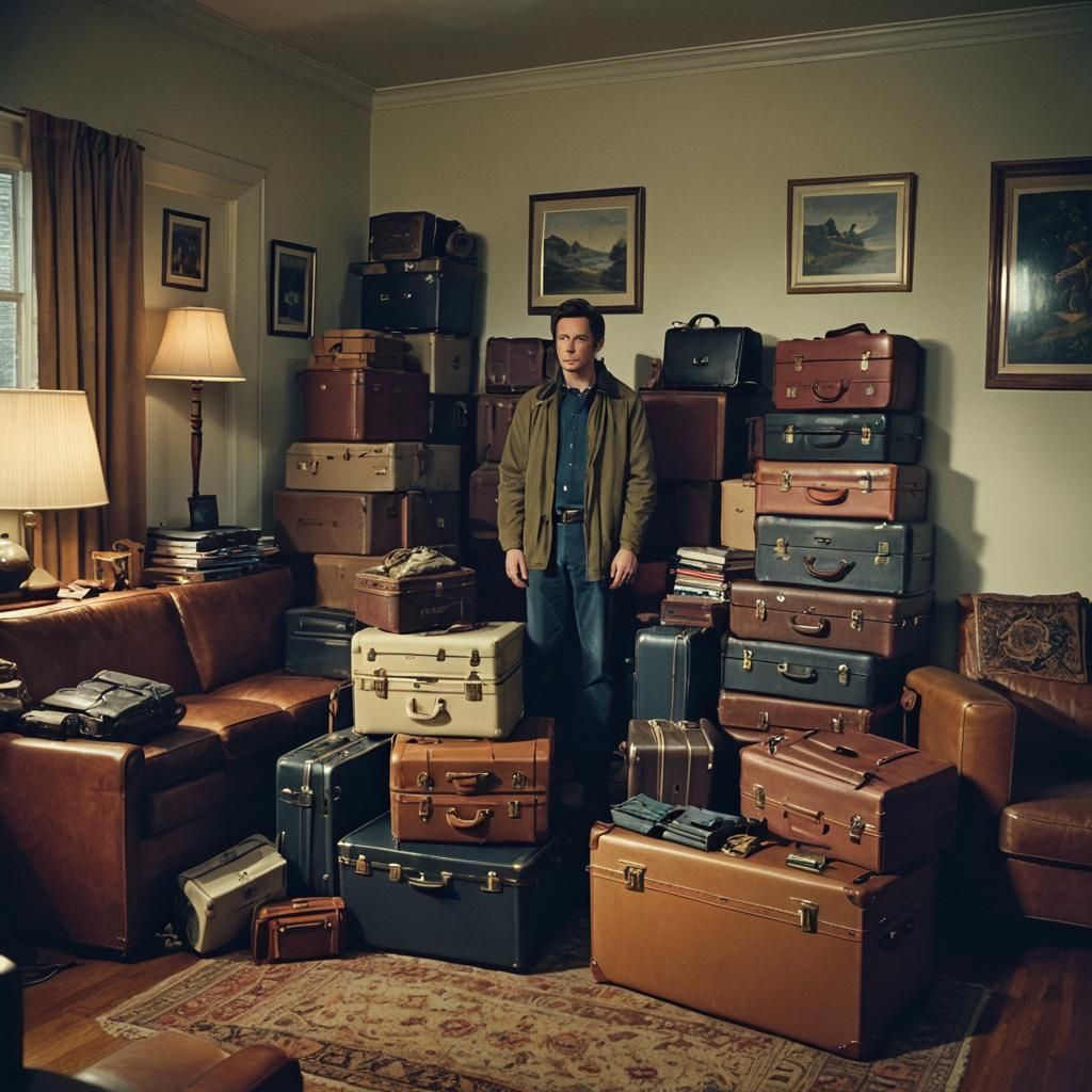 Man with Suitcases in Living Room, Cinematic Still