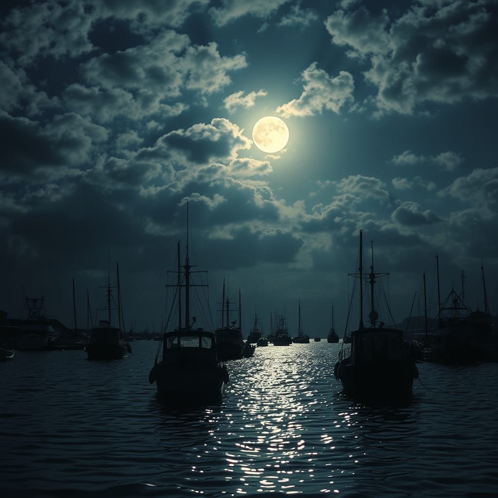 Moonlit Harbor: Fishing Boats in Dramatic Light