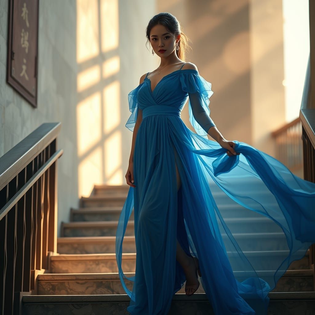 BEAUTIFUL woman in a blue dress standing on a set of stairs, cinematic. by leng jun, matte painting portrait shot, key a...