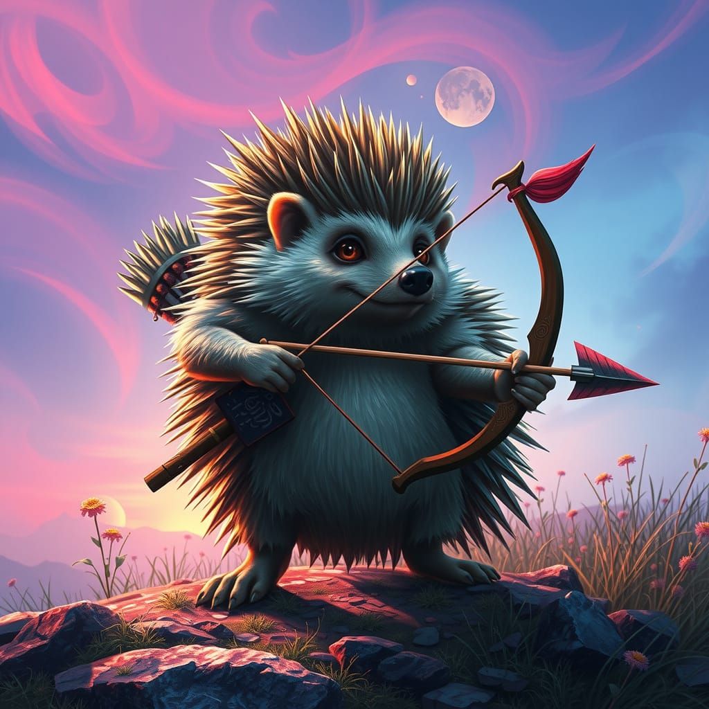 Ethereal Hedgehog Hero in Vibrant Fantasy Landscape