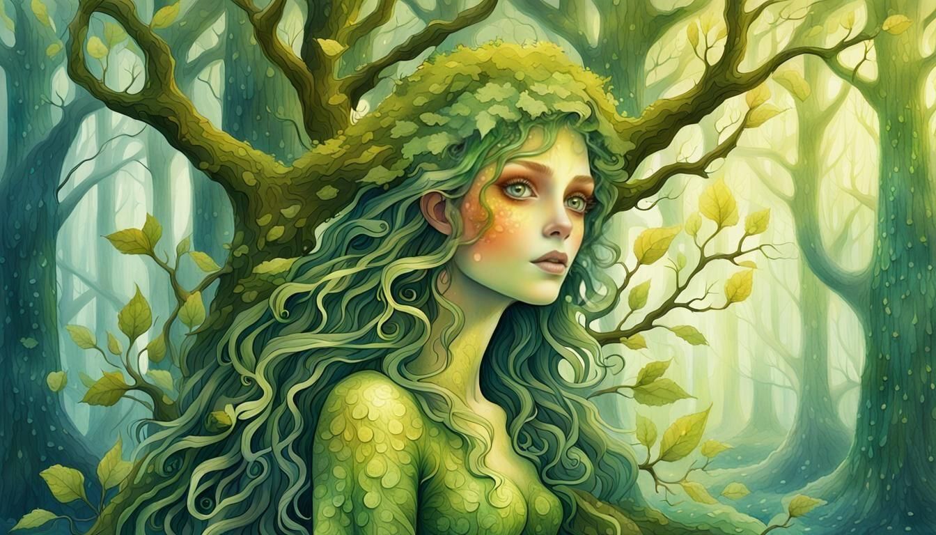 Glowing Dryad in Enchanted Forest Watercolor Painting