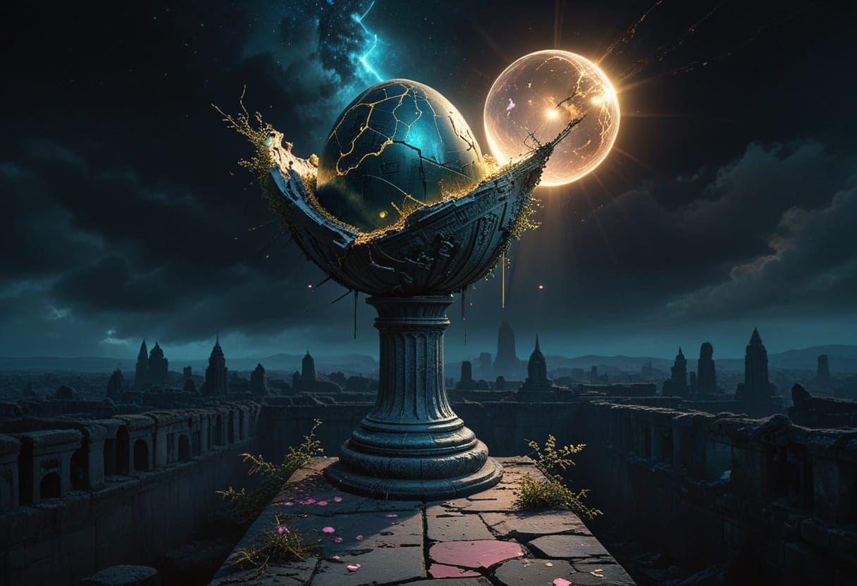 Obsidian Egg Cracks Open Revealing Universe in Ruined Temple