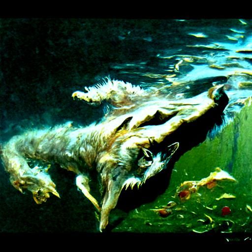 Wolf Plunging Underwater: Oil Painting