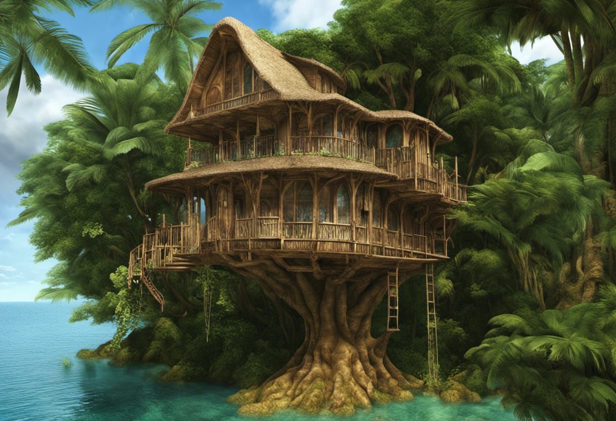 Tropical Treehouse Paradise: Intricate Bioluminescent Archit...