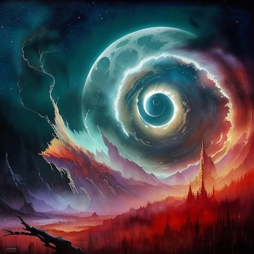 Mythological Eclipse Over Swampy River in Watercolor Style