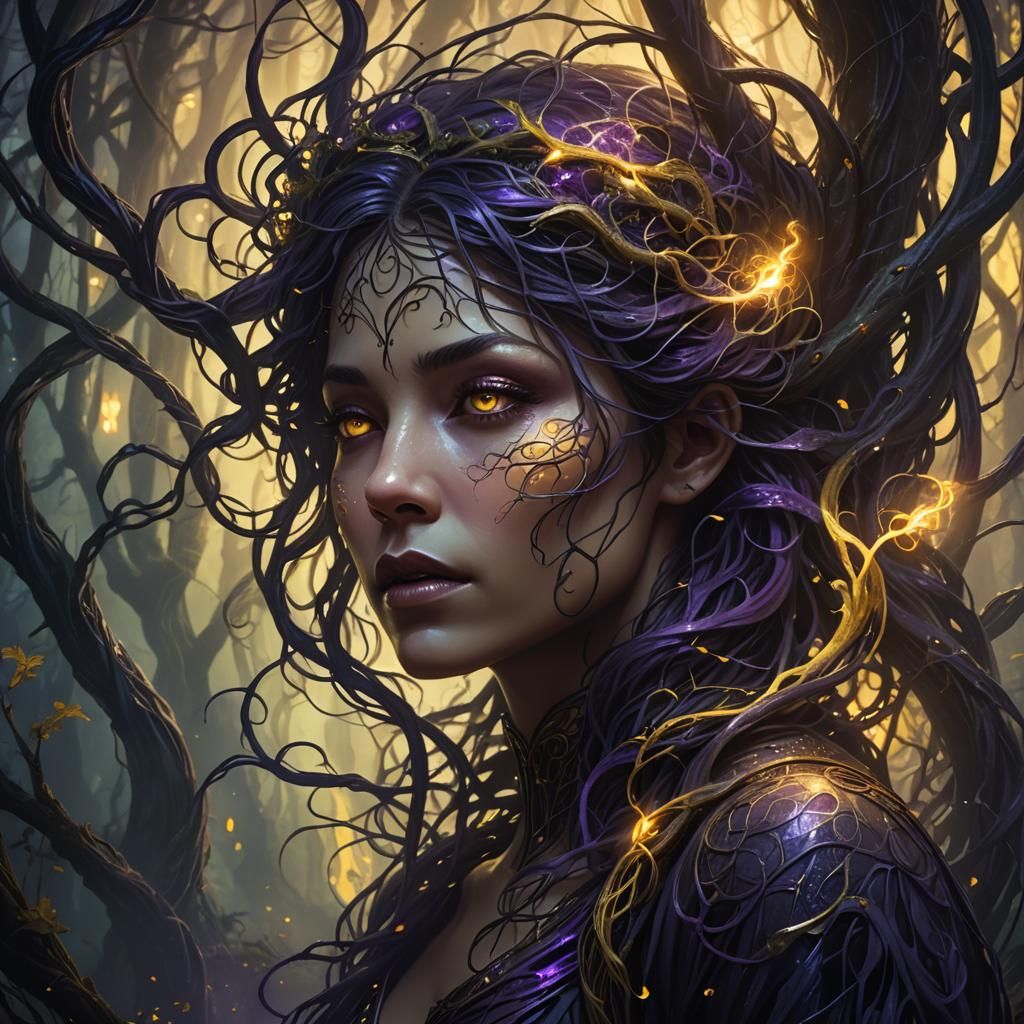 Ethereal Woman Surrounded by Glowing Tendrils