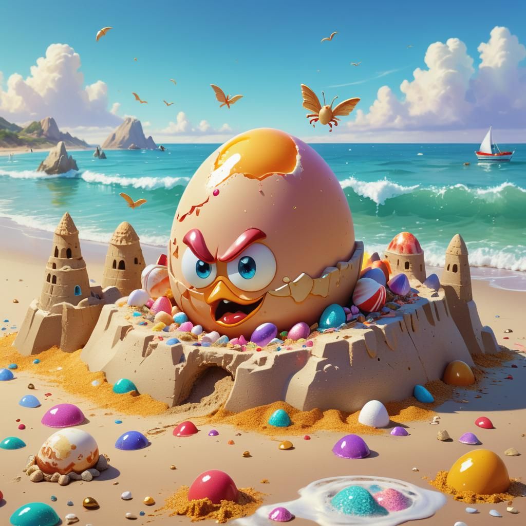 Angry Egg Destroys Sandcastle: Whimsical Candy Art