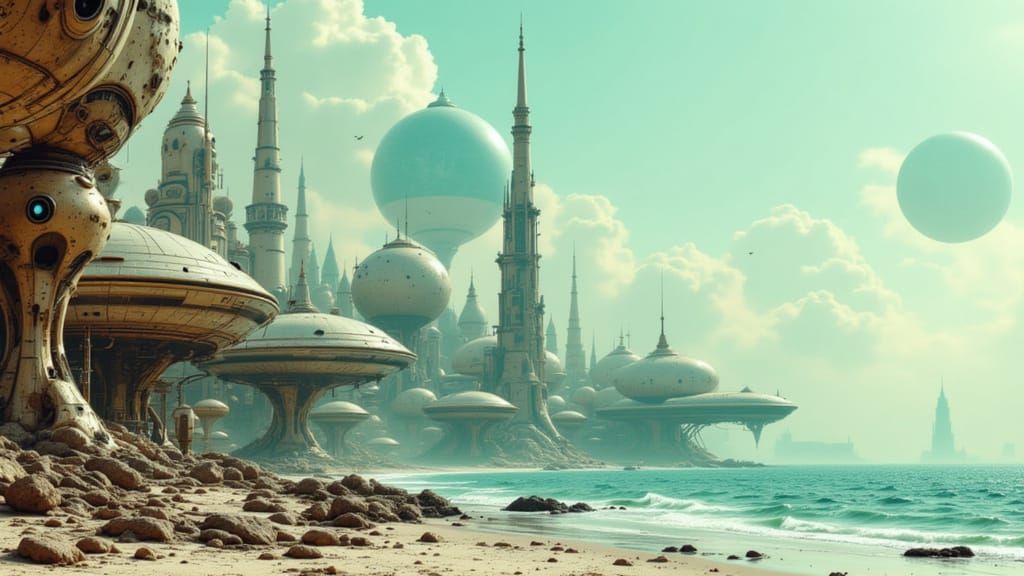 Bulbous Alien Cityscape on Ocean Shore