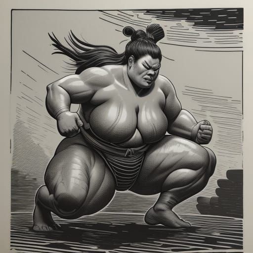 Female Sumo Wrestler in Linocut Style