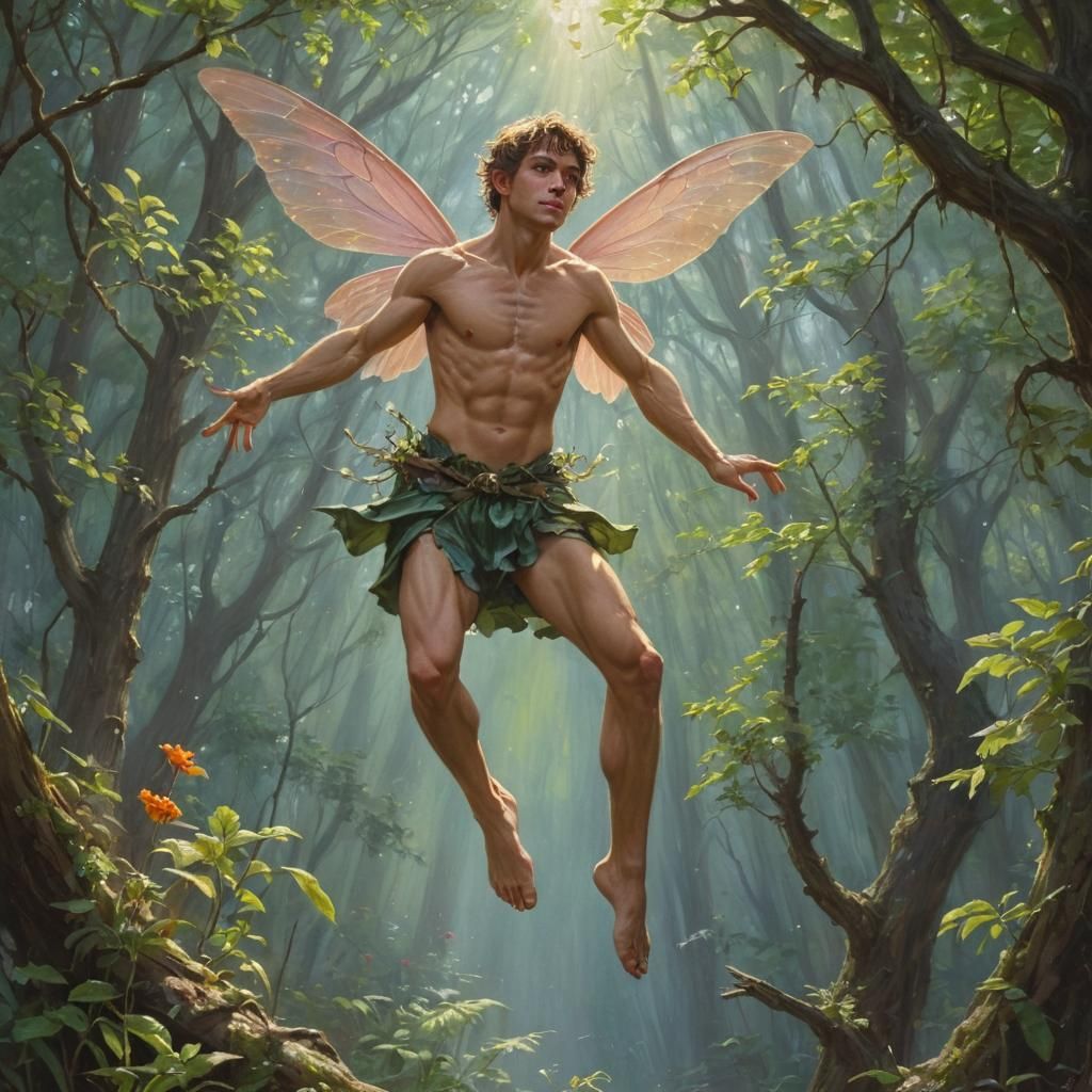Young Man and Fairy in Flight: Oil Painting