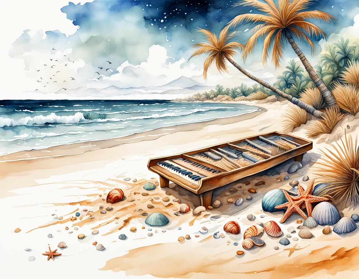 Tropical Beach Piano in Watercolor Fantasy Style