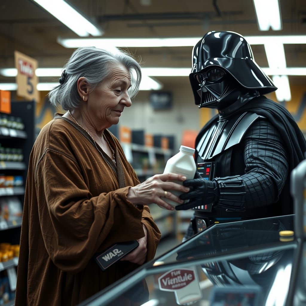 Elderly Jedi Buys Milk, Darth Vader Assisting