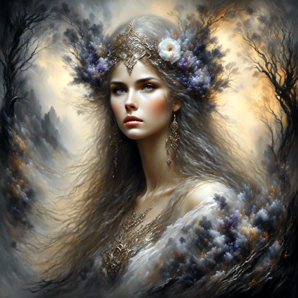 Goddess Freya Portrait Amidst Forest Flowers