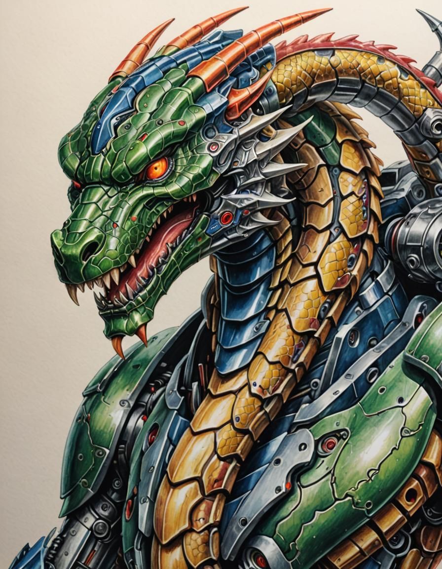 Mecha Serpent Warrior in Detailed Pencil Drawing Style