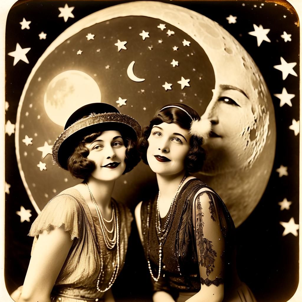 Flapper Girl on Moon in Sepia Vintage Style