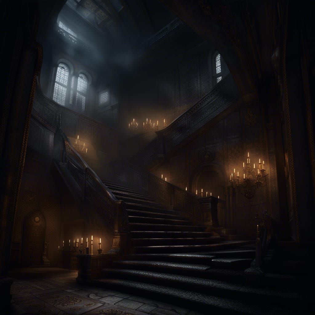 Gloomy Castle Interior with Fog and Shadows