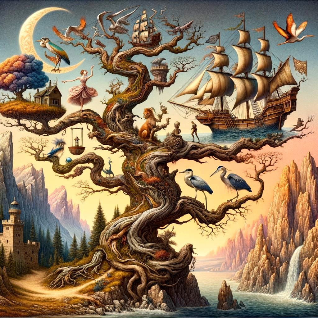 Surrealist Tree of Enchanting Scenes on Mountain Peak