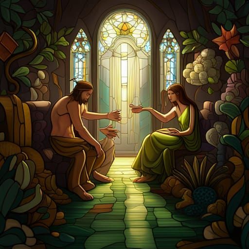 Adam and Eve Bargaining in Stained Glass