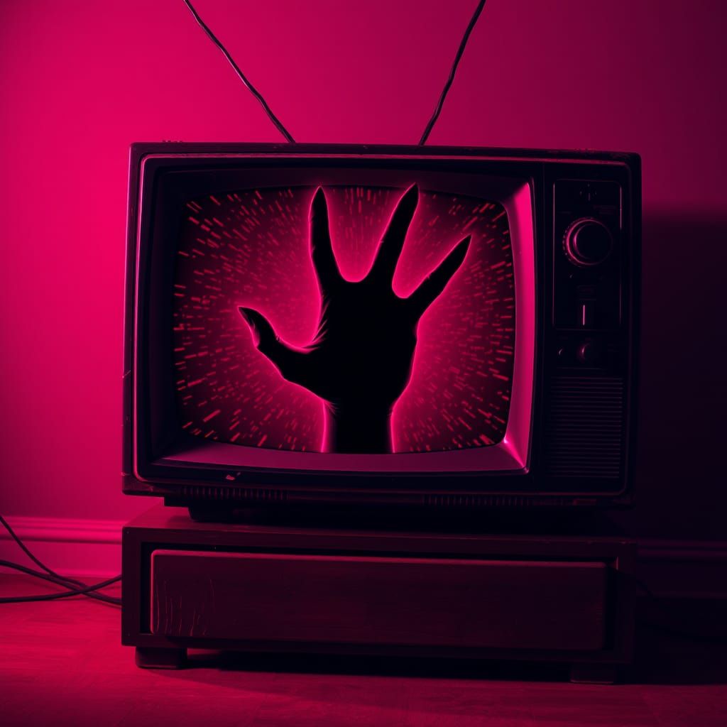Eerie TV with Shadow Hand in Hyper-Realistic Style