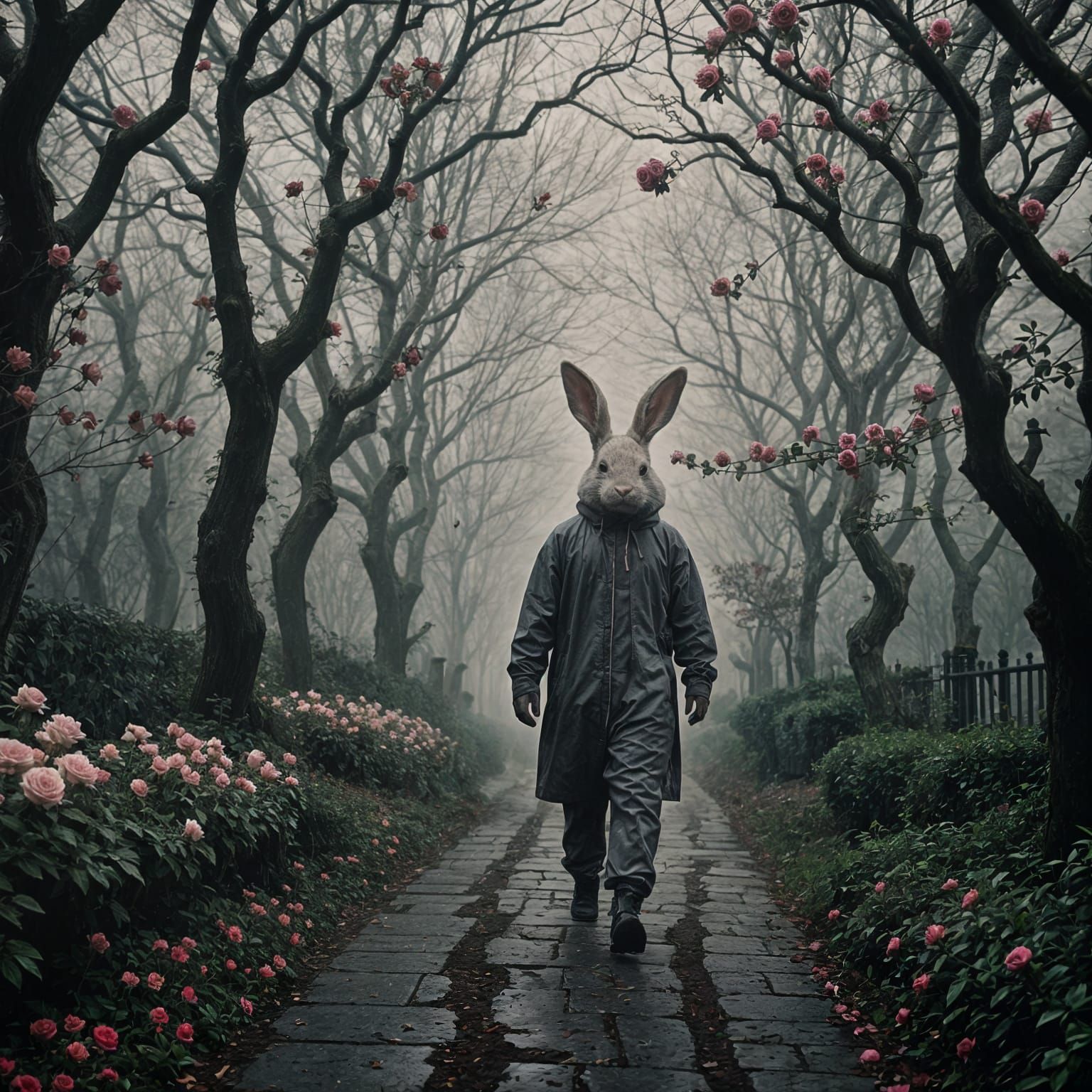 The Bunny Man in a Rose Pathway