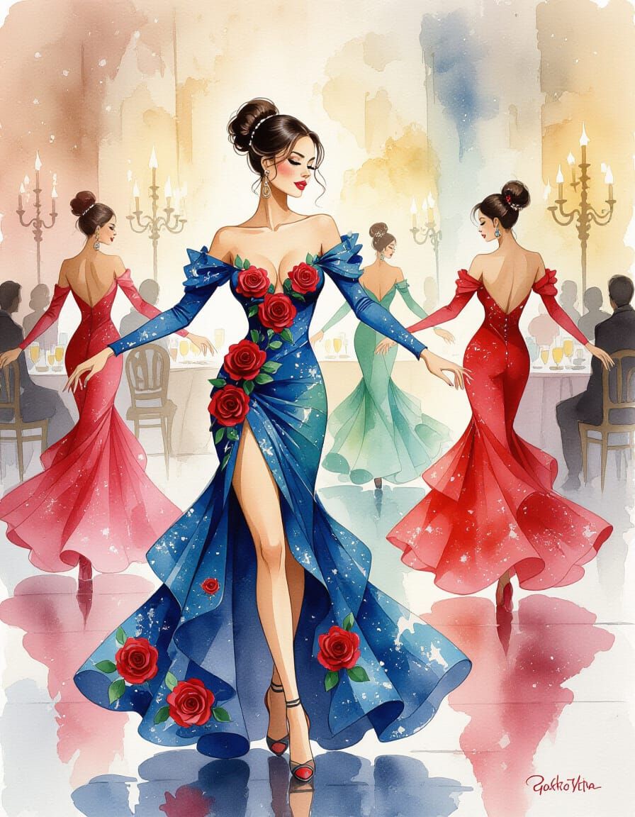 Harlequin Women Dancing with Roses, Alcohol Ink Art