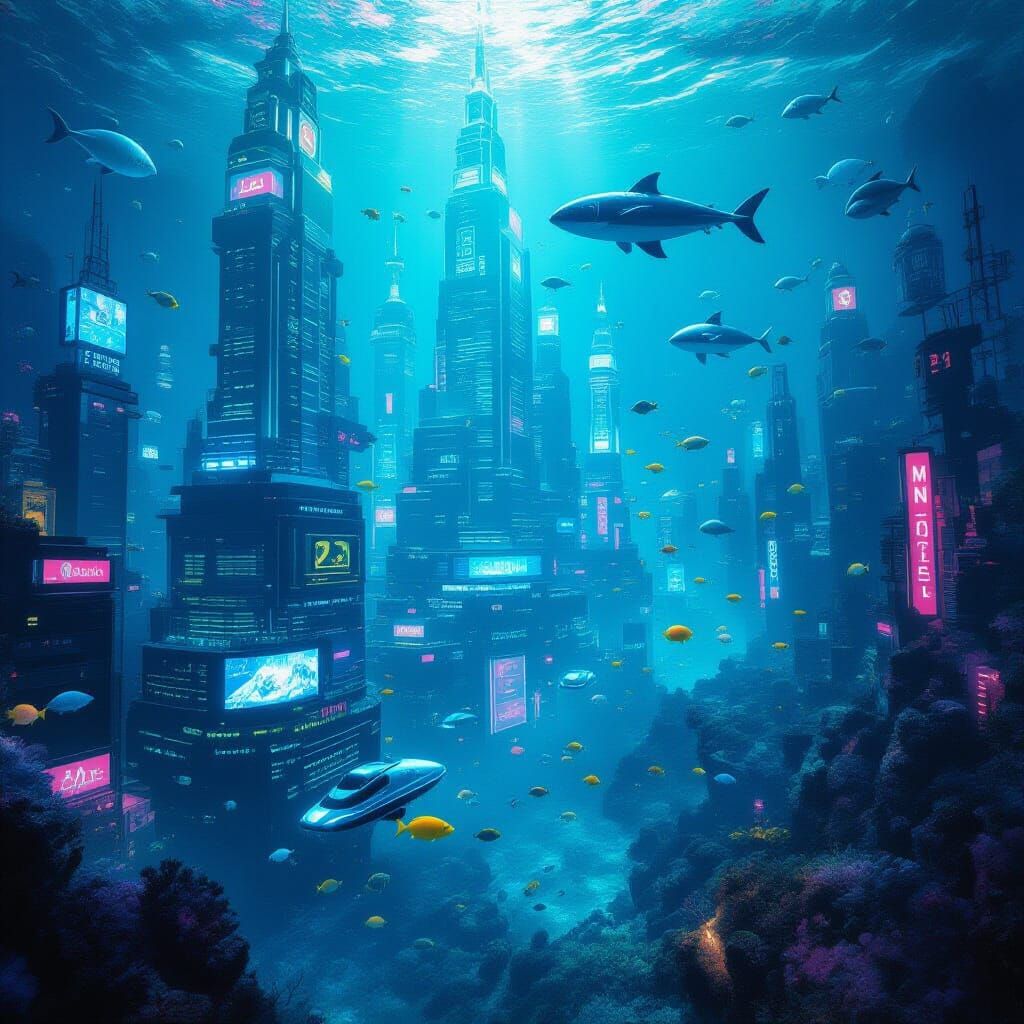 Underwater Cityscape with Futuristic Vehicles and Marine Lif...