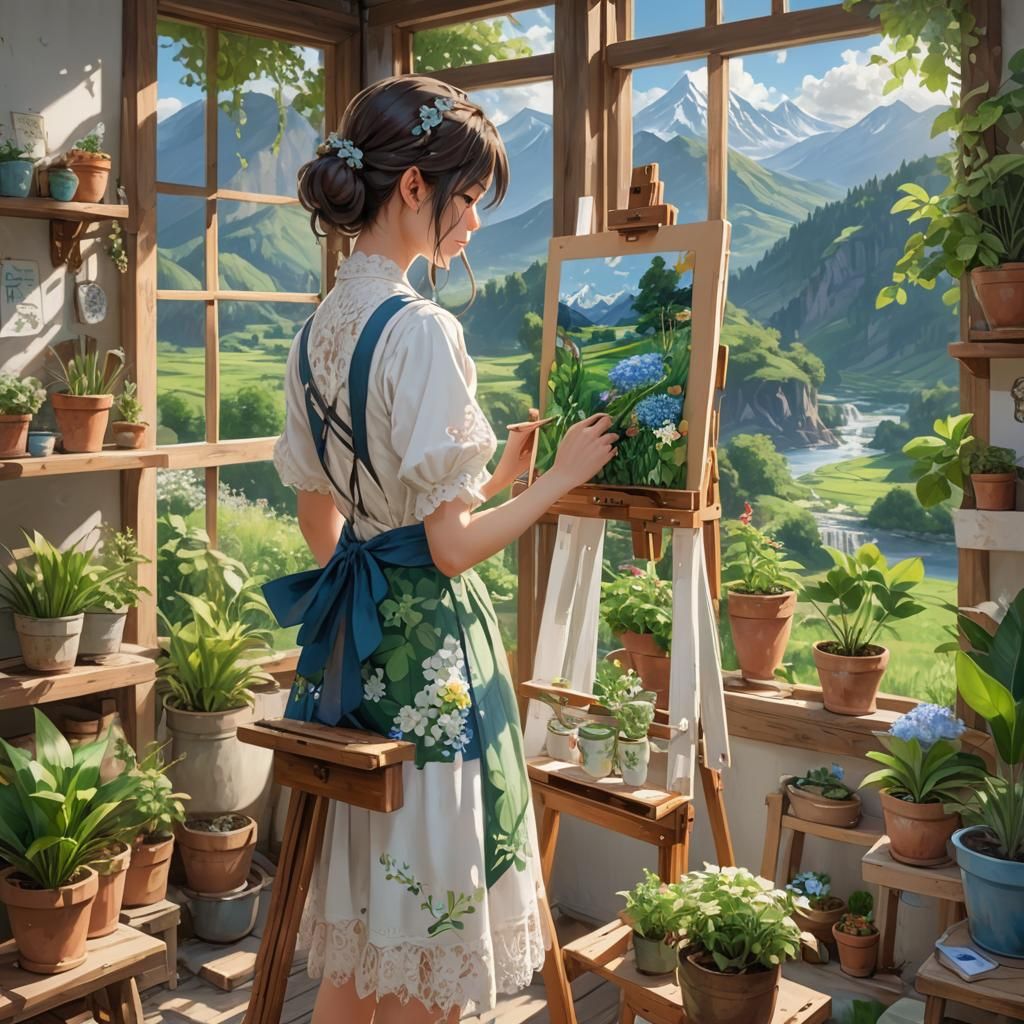 Girl Artist in Bohemian Room: Anime Style Painting