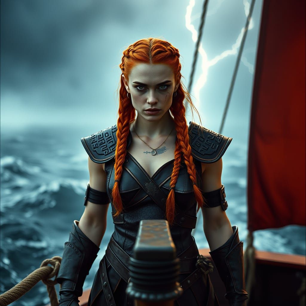 Valkyrie on Drakkar Ship in Stormy Sea