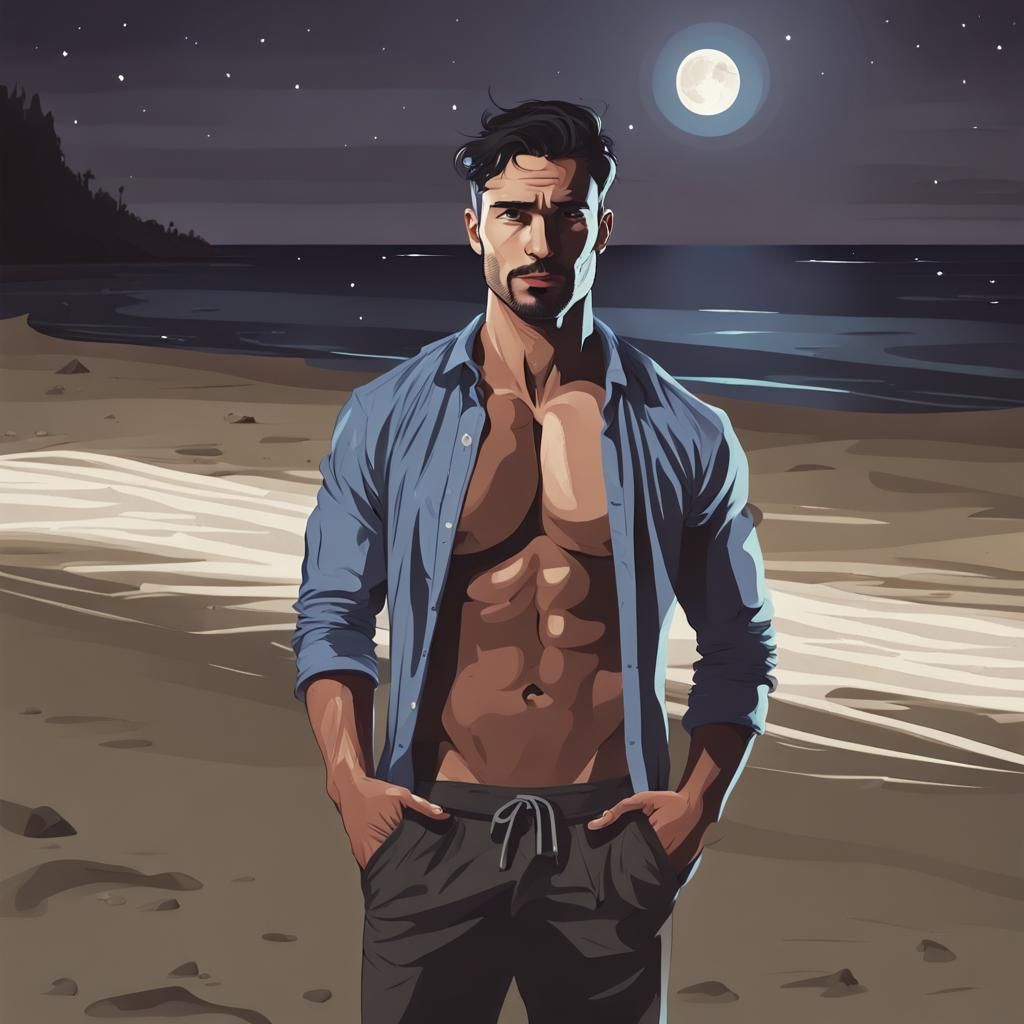 Man on a Dark Beach at Night