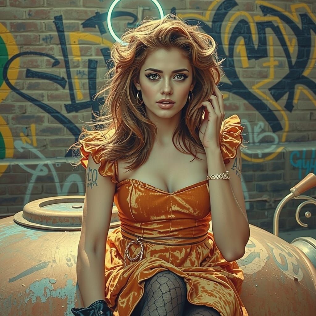 Striking Woman in Velvet Dress Against Graffiti Wall