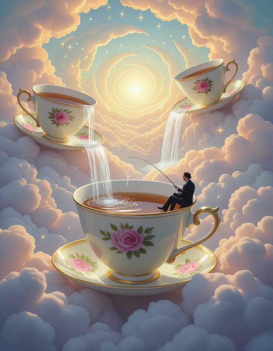 Dreamlike Surreal Landscape with Floating Teacups