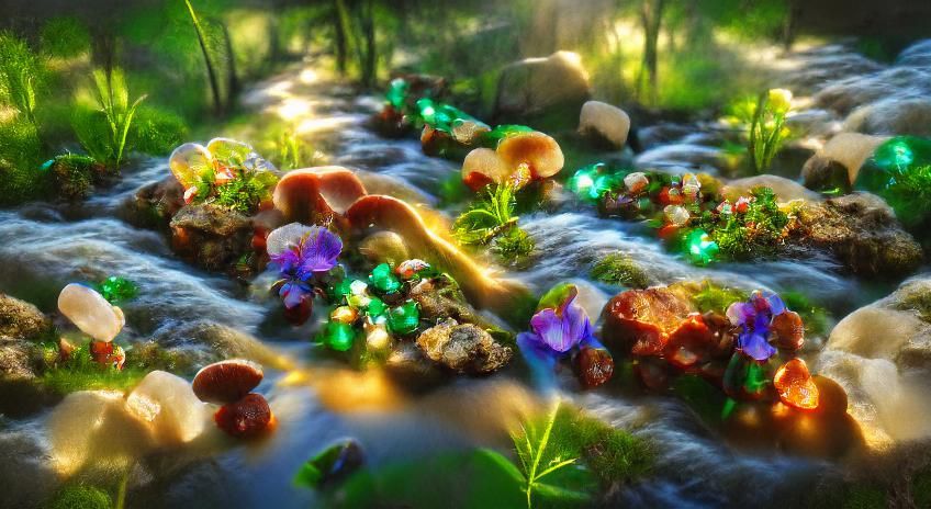 Fairytale River with Crystals, Gems, and Mushrooms