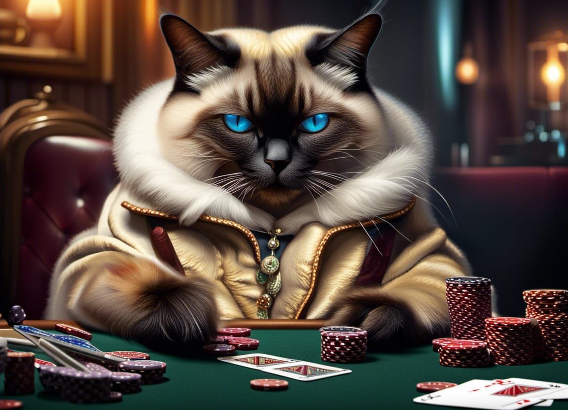 imagine a fluffy and fat siamese cat vaping and playing poker intricate details, HDR, beautifully shot, hyperrealistic, ...
