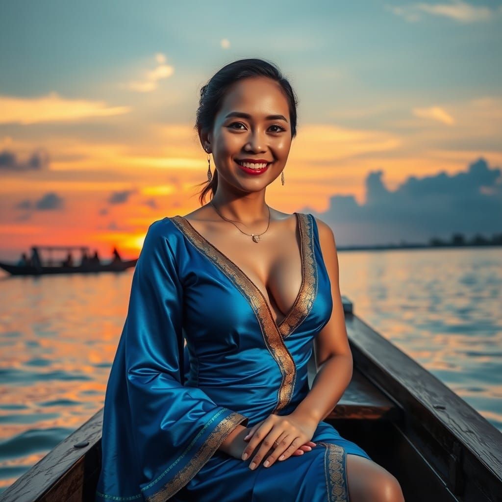 Thai Woman in Blue Satin Dress at Sunset