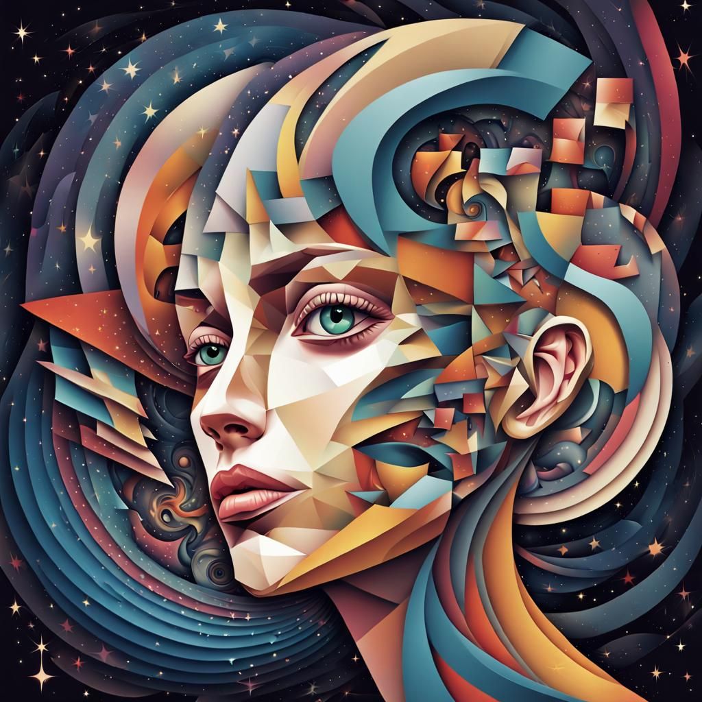 Fragmented Woman Head in Space as Cubist Vector Art