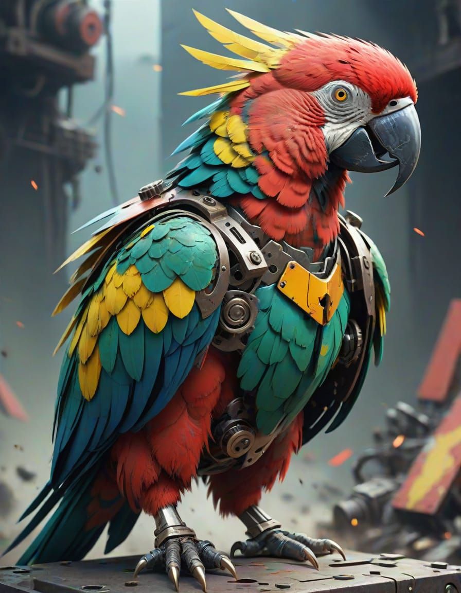 Cybernetic Parrot Warrior Engages in Epic Battle