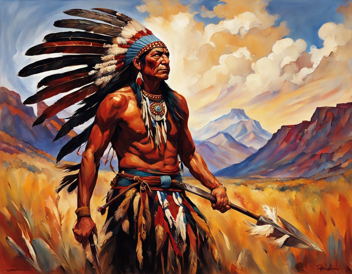 Fierce Native American Warrior in Dynamic Fighting Stance