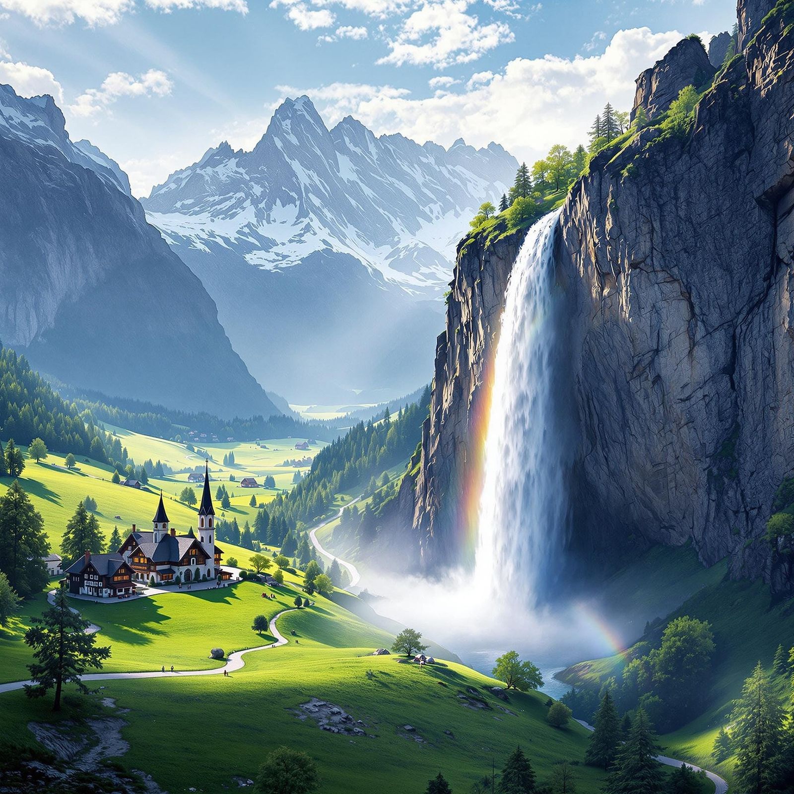 Alpine Valley with Majestic Waterfall in Traditional Swiss V...