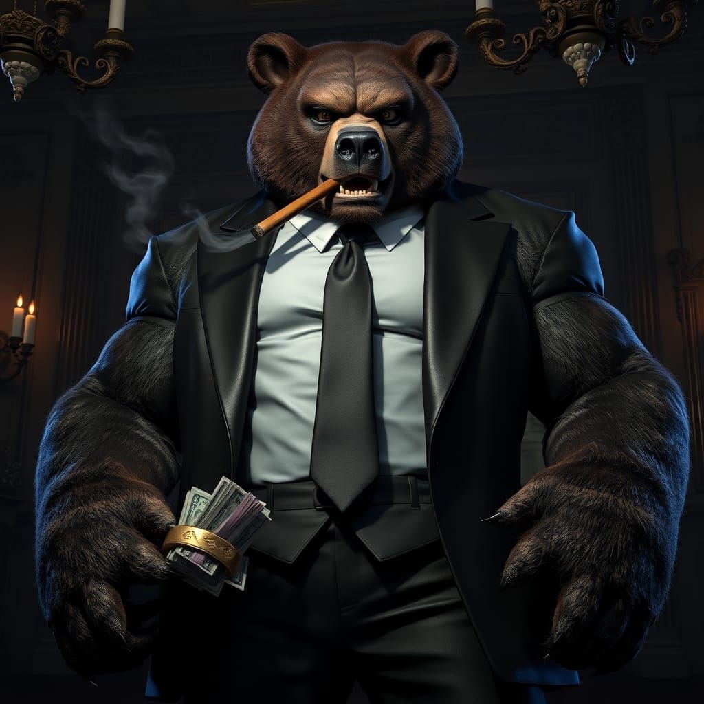 Mafia Bear Boss in Ornate Office, Hyperdetailed Art Nouveau