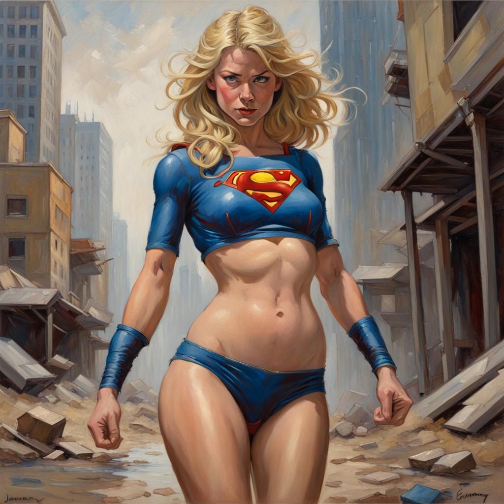 Supergirl, Blonde, Bare Midriff as Oil Painting